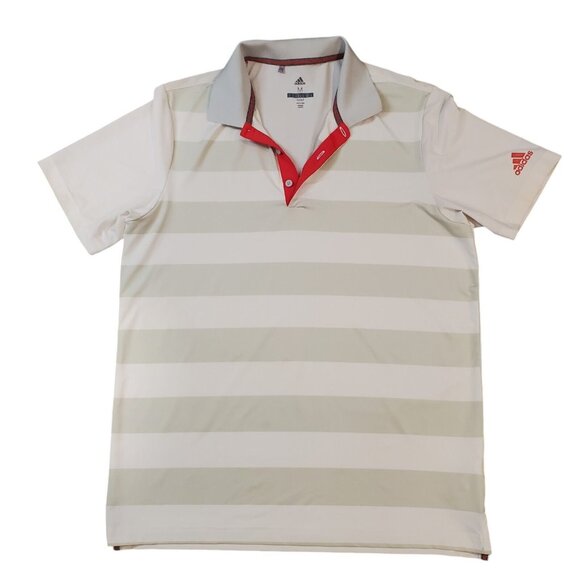 Adidas Golf Polo Shirt Mens Size Medium White Grey Striped Stretch Performance - Picture 1 of 11
